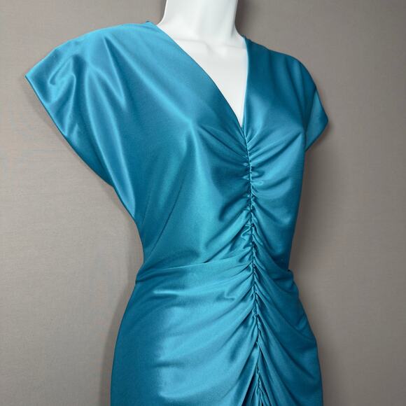 AVON Vintage Teal Turquoise Blue Satin Ruched V-Neck Midi Dress Size 8 - Picture 2 of 5